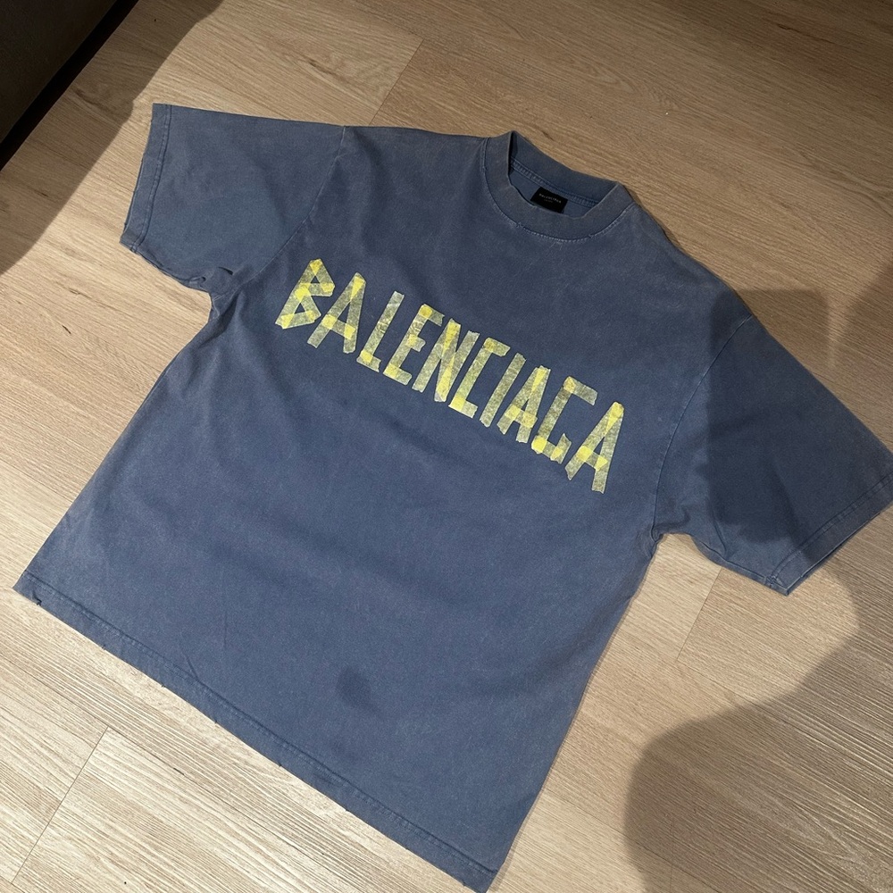 Balenciaga Blue T-Shirt with Yellow Logo